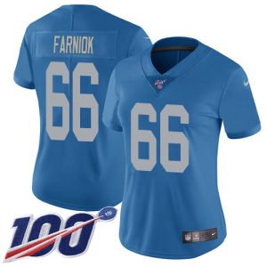 cheap Lions #66 Matt Farniok Blue Throwback Women's Stitched NFL 100th Season Vapor Untouchable Limited Jersey