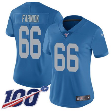cheap Lions #66 Matt Farniok Blue Throwback Women's Stitched NFL 100th Season Vapor Untouchable Limited Jersey