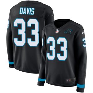 Panthers #33 Tae Davis Black Team Color Women's Stitched NFL Limited Therma Long Sleeve Jersey