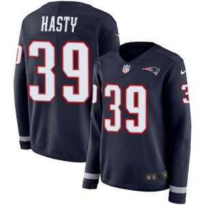 Patriots #39 JaMycal Hasty Navy Blue Team Color Women's Stitched NFL Limited Therma Long Sleeve Jersey