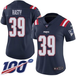Patriots #39 JaMycal Hasty Navy Blue Women's Stitched NFL Limited Rush 100th Season Jersey