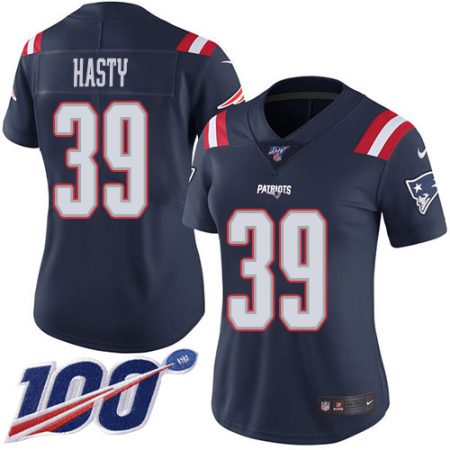 Patriots #39 JaMycal Hasty Navy Blue Women's Stitched NFL Limited Rush 100th Season Jersey