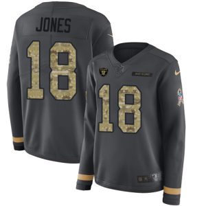 Raiders #18 Jack Jones Anthracite Salute to Service Women's Stitched NFL Limited Therma Long Sleeve Jersey
