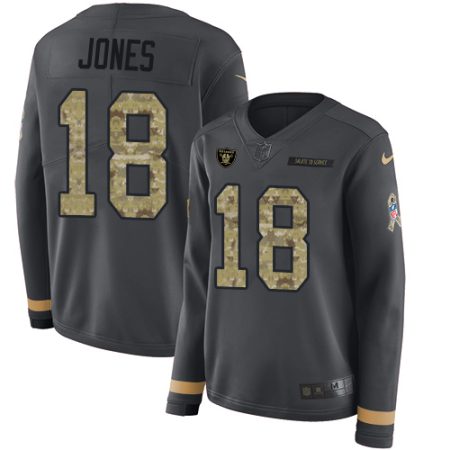 Raiders #18 Jack Jones Anthracite Salute to Service Women's Stitched NFL Limited Therma Long Sleeve Jersey