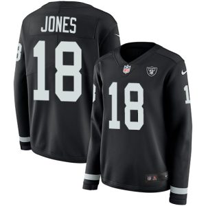 Raiders #18 Jack Jones Black Team Color Women's Stitched NFL Limited Therma Long Sleeve Jersey
