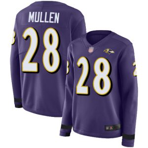 Ravens #28 Trayvon Mullen Purple Team Color Women's Stitched NFL Limited Therma Long Sleeve Jersey