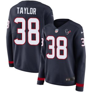 Texans #38 J.J. Taylor Navy Blue Team Color Women's Stitched NFL Limited Therma Long Sleeve Jersey