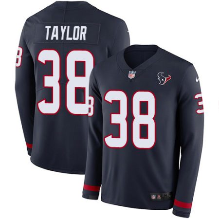 Texans #38 J.J. Taylor Navy Blue Team Color Youth Stitched NFL Limited Therma Long Sleeve Jersey